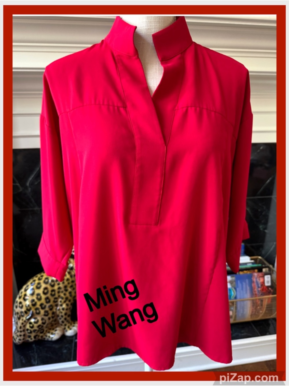 🌹MING WANG Red Split-Neck Women's Blouse - 3/4 Sleeves - Oversized Fit